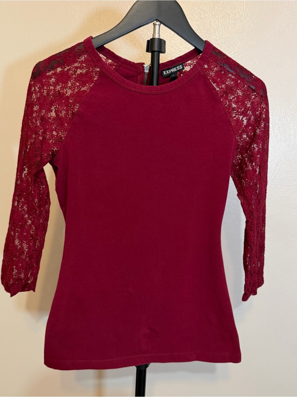 Express Women's Wine Lace Sleeve Long Sleeve Tee